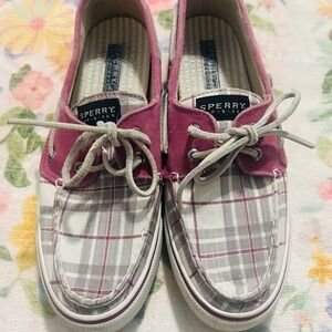 Sperry Women's Pink and Gray Plaid Sneakers